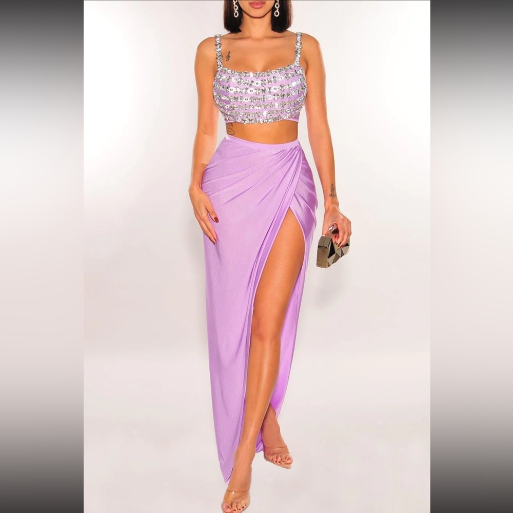 NWT Lilac Embellished Rhinestones Slit
Two Piece Skirt Set